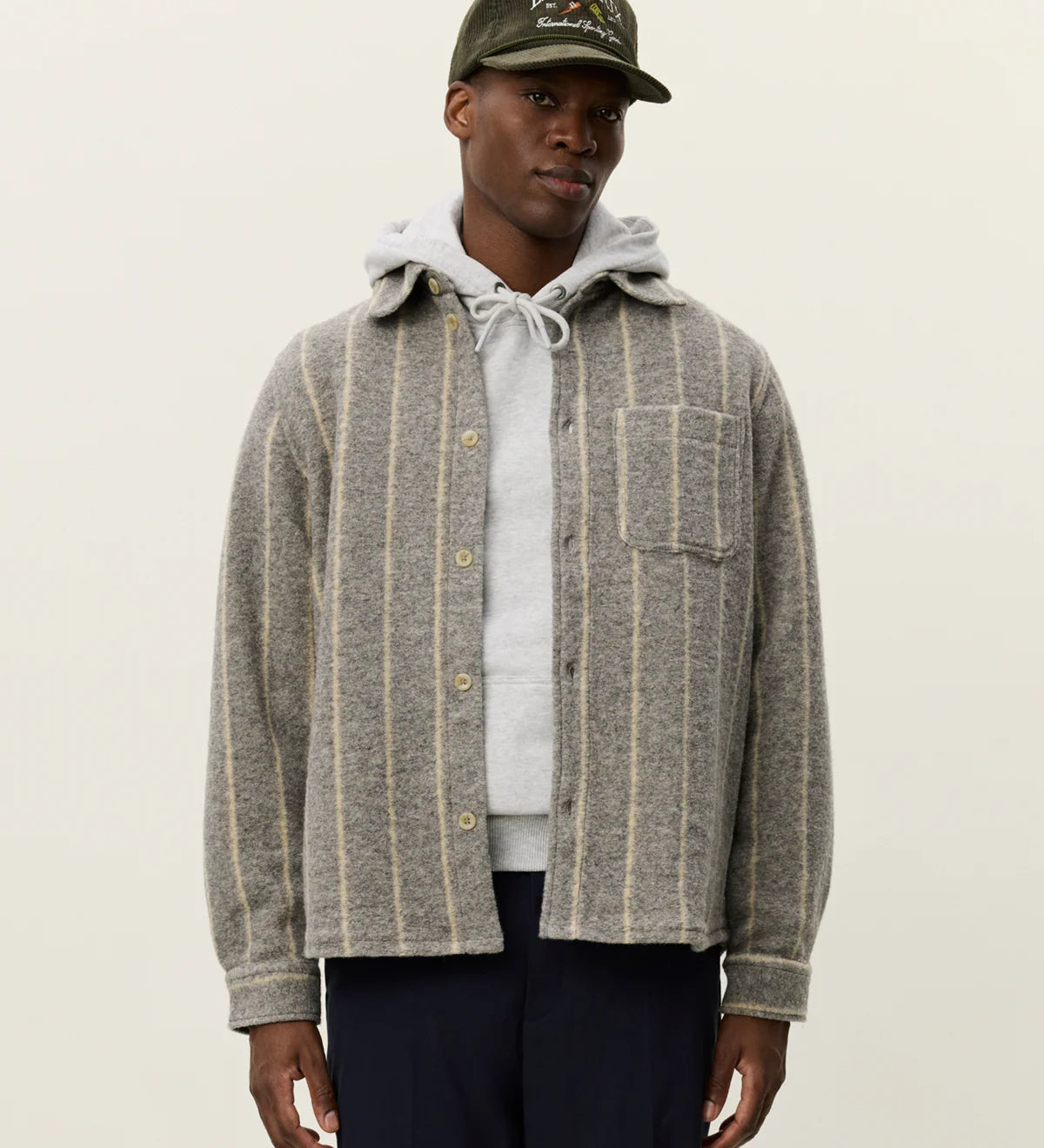 Les Deux Lennon Wool Pinstripe Overshirt, men’s wool blend shirt jacket with relaxed fit and pinstripe design, front view