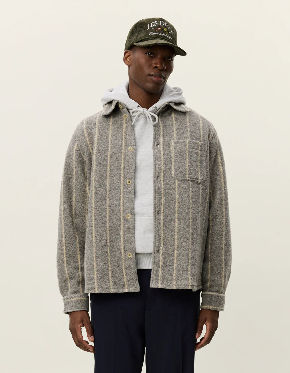 Les Deux Lennon Wool Pinstripe Overshirt, men’s wool blend shirt jacket with relaxed fit and pinstripe design, front view