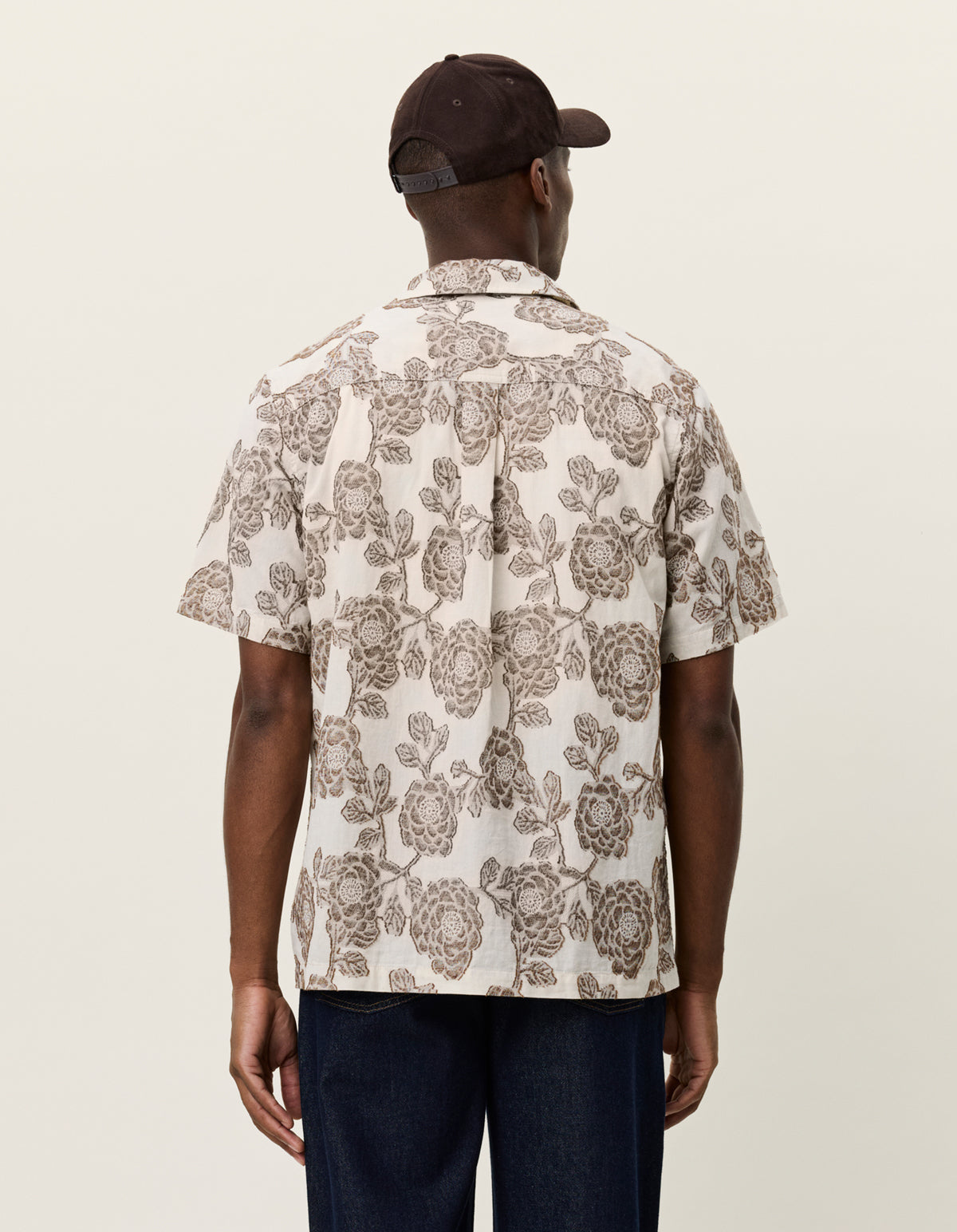 Back view of men's floral jacquard shirt by Les Deux with lightweight cotton fabric and loose fit
