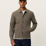 Men's lightweight melange jacket by Les Deux in teak brown with button front and structured fabric
