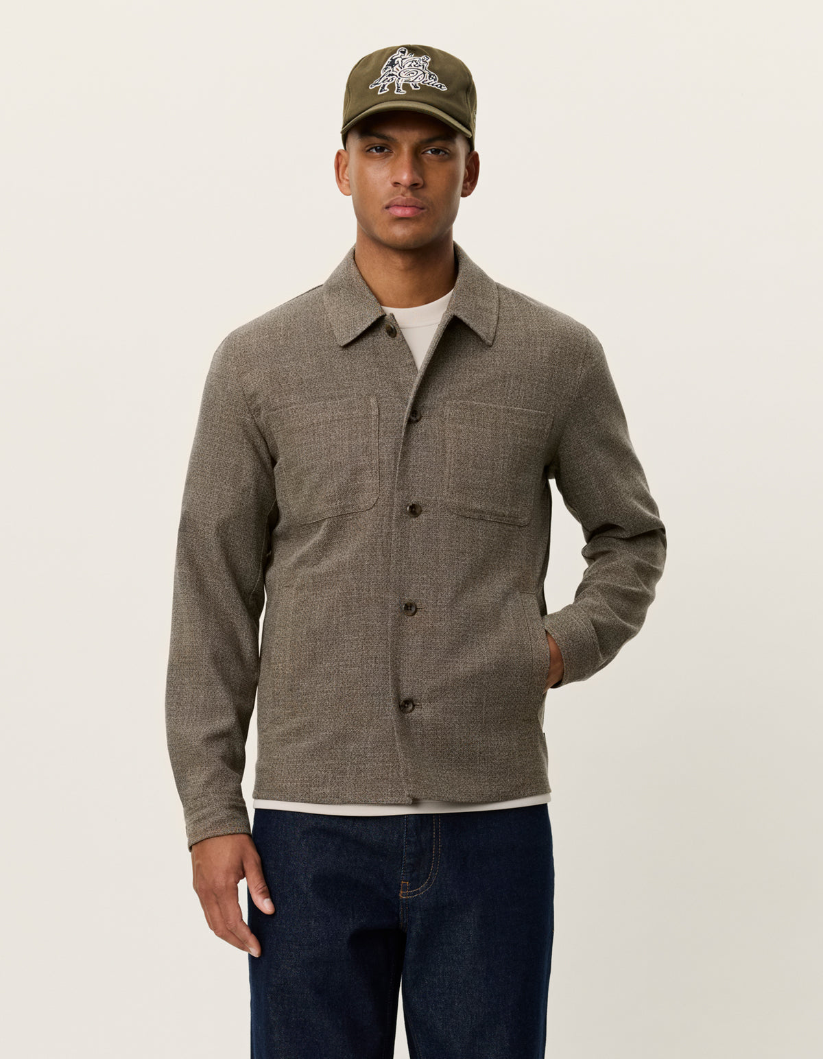 Men's lightweight melange jacket by Les Deux in teak brown with button front and structured fabric
