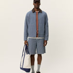 Men's striped denim jacket by Les Deux in navy with zip front and workwear design