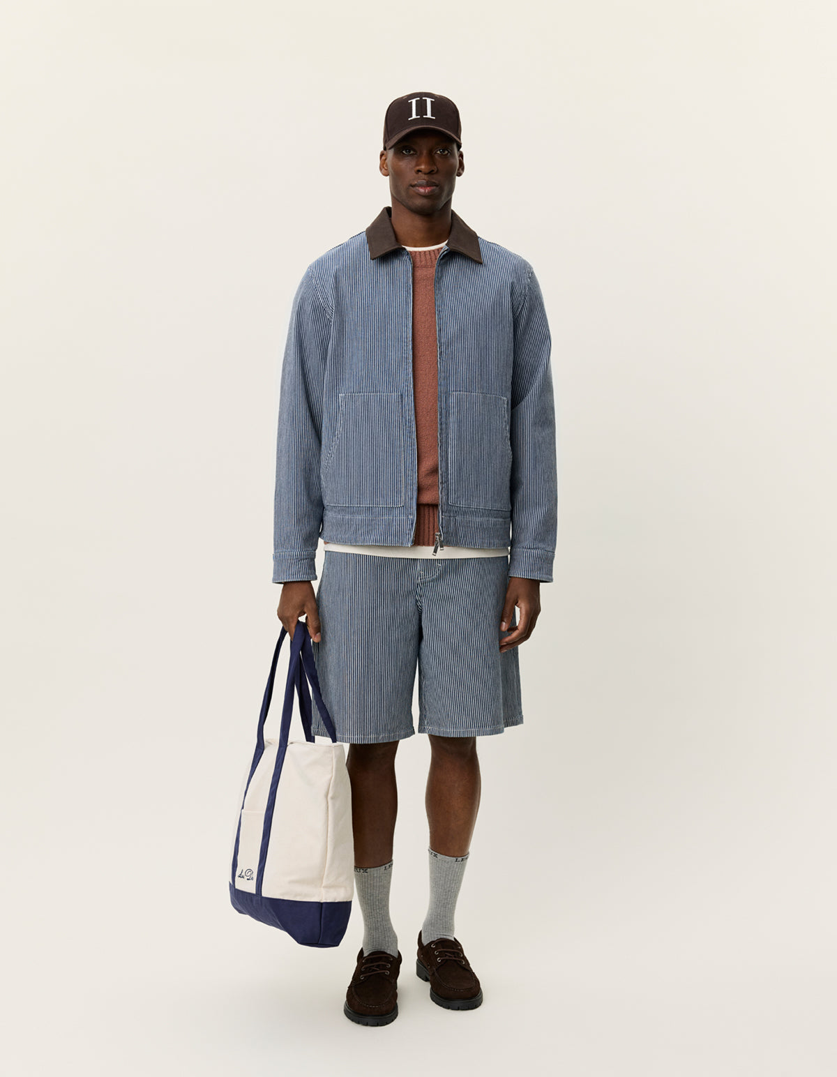 Men's striped denim jacket by Les Deux in navy with zip front and workwear design