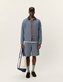 Men's striped denim jacket by Les Deux in navy with zip front and workwear design