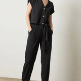  Lilla P Belted Pant in black textured waffle – women’s tapered pants with self-belt and pockets