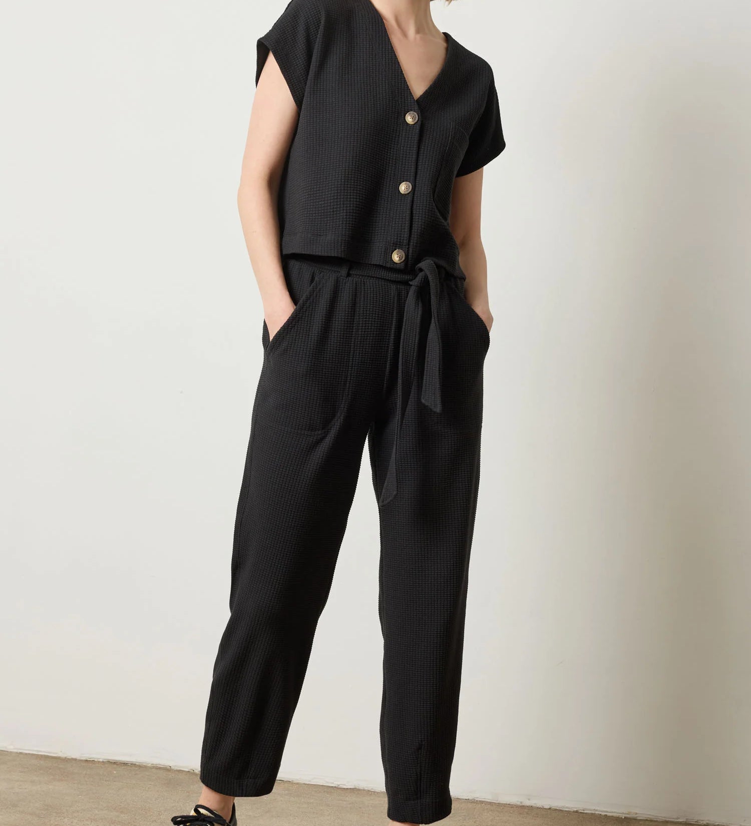  Lilla P Belted Pant in black textured waffle – women’s tapered pants with self-belt and pockets