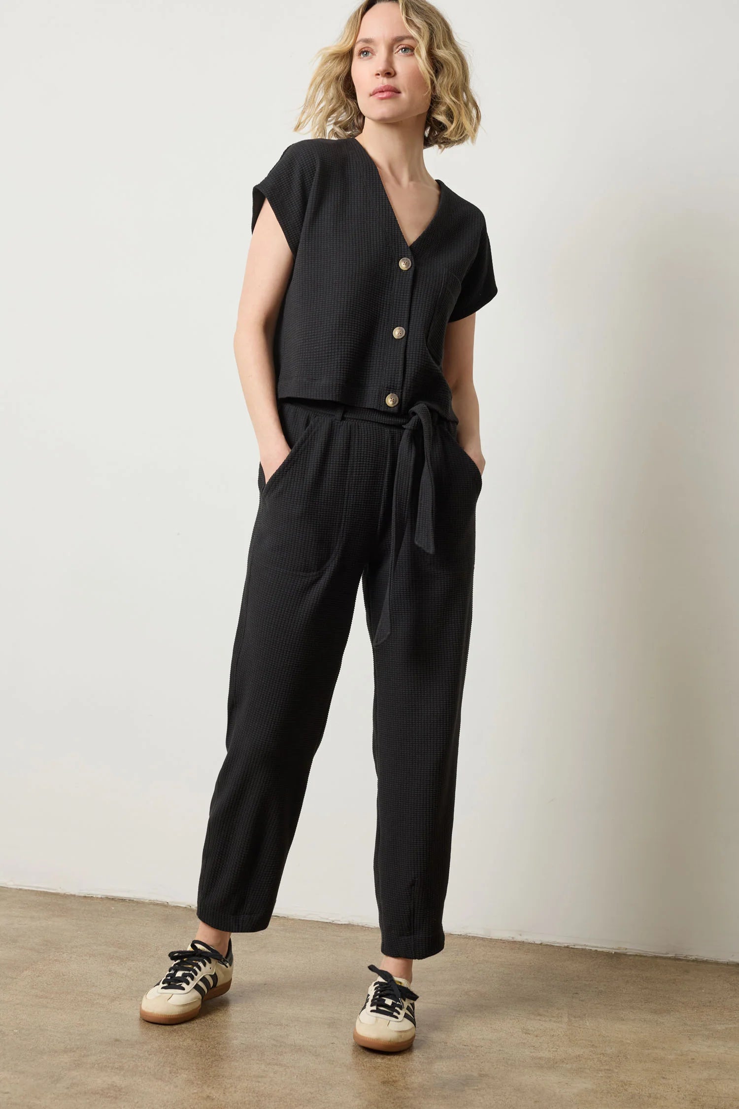  Lilla P Belted Pant in black textured waffle – women’s tapered pants with self-belt and pockets