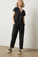  Lilla P Belted Pant in black textured waffle – women’s tapered pants with self-belt and pockets