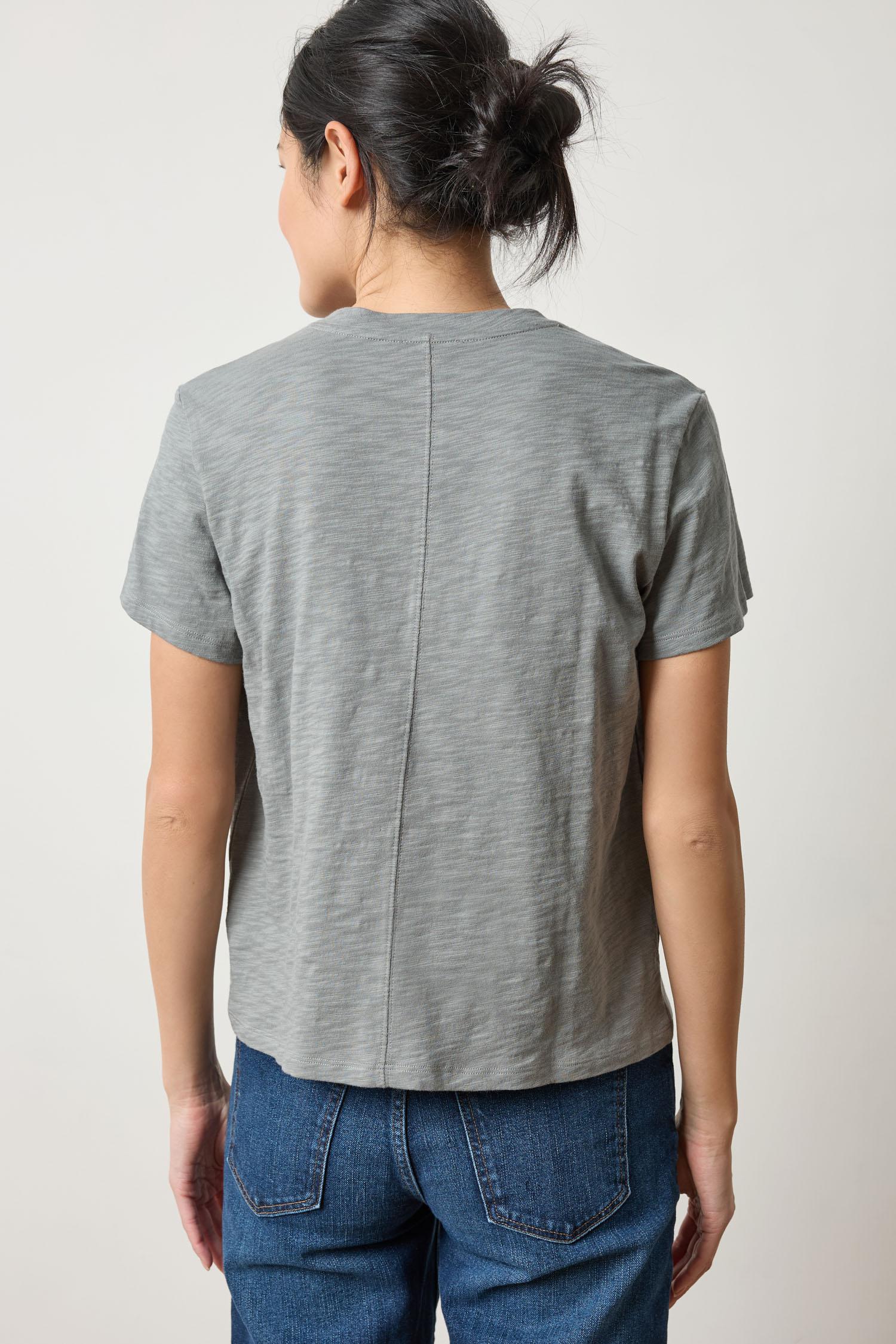 Back view of Lilla P Boyfriend V-Neck Cotton Slub Tee in Gravel – relaxed fit women’s tee