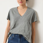 Lilla P Boyfriend V-Neck Cotton Slub Tee in Gravel – relaxed fit women’s T-shirt with crossover neckline