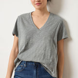 Lilla P Boyfriend V-Neck Cotton Slub Tee in Gravel – relaxed fit women’s T-shirt with crossover neckline