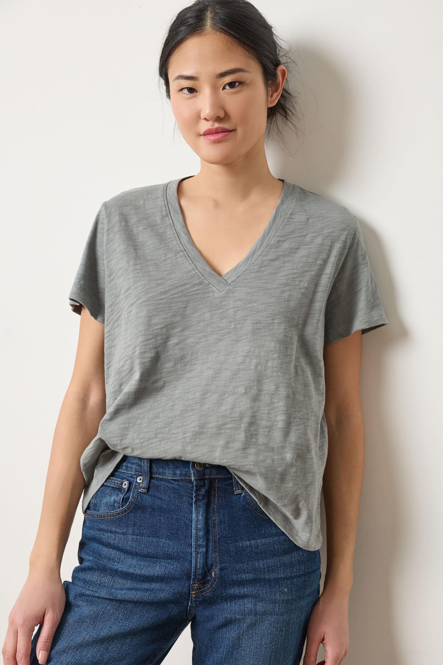 Lilla P Boyfriend V-Neck Cotton Slub Tee in Gravel – relaxed fit women’s T-shirt with crossover neckline