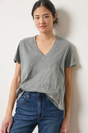 Lilla P Boyfriend V-Neck Cotton Slub Tee in Gravel – relaxed fit women’s T-shirt with crossover neckline