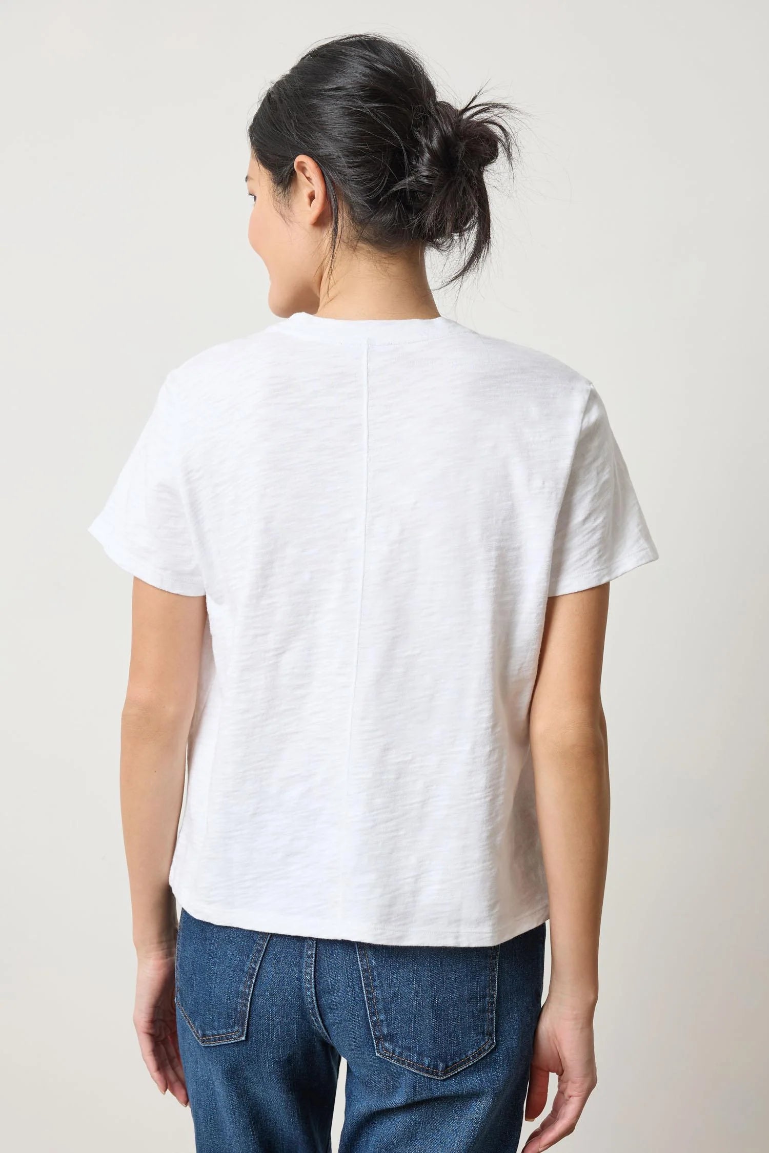 Back view of Lilla P Boyfriend V-Neck Cotton Slub Tee in White – relaxed fit women’s tee