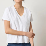 Lilla P Boyfriend V-Neck Cotton Slub Tee in White – relaxed fit women’s T-shirt with crossover neckline