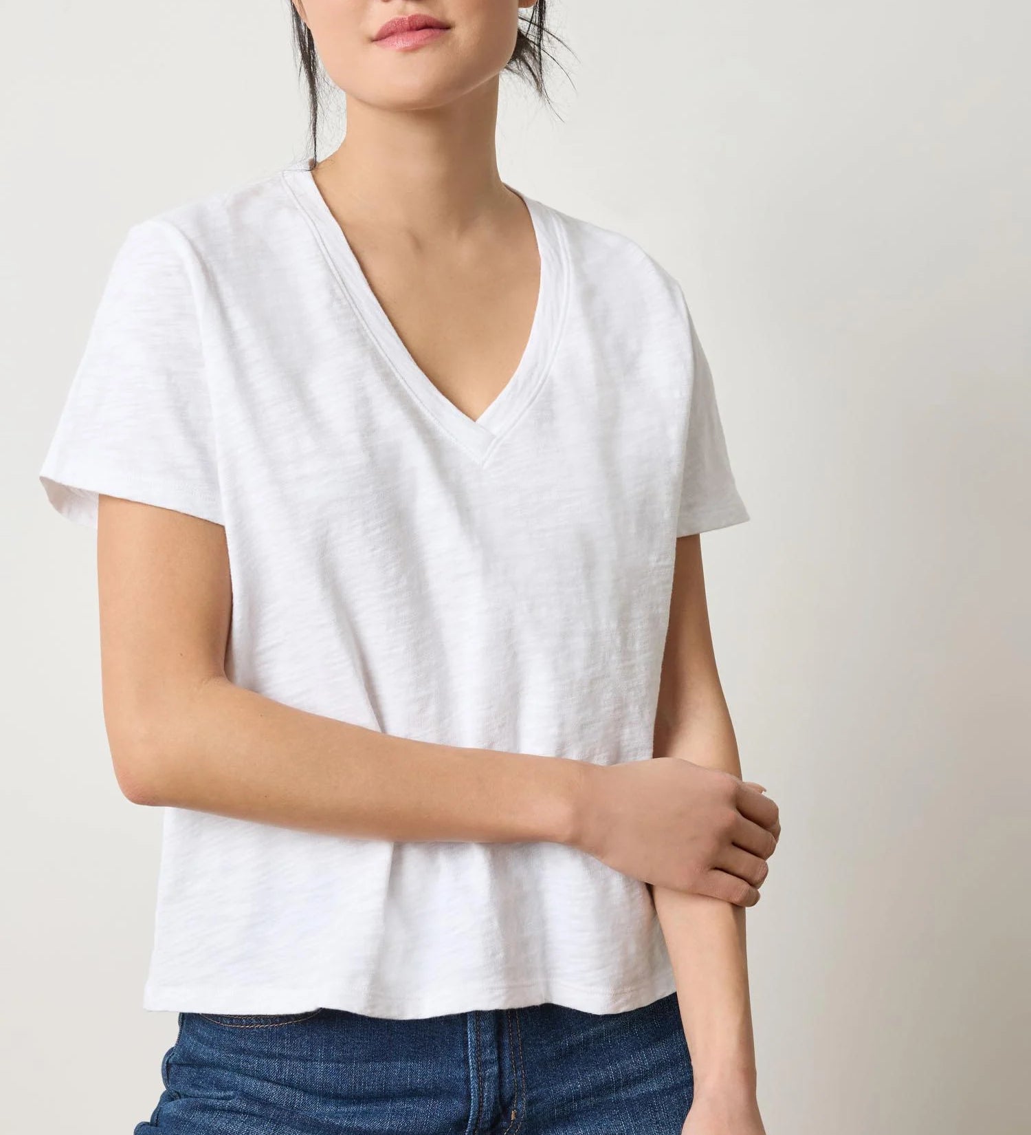 Lilla P Boyfriend V-Neck Cotton Slub Tee in White – relaxed fit women’s T-shirt with crossover neckline