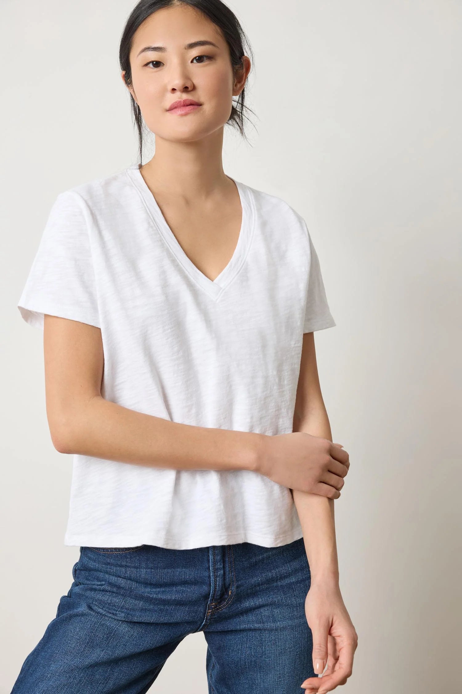 Lilla P Boyfriend V-Neck Cotton Slub Tee in White – relaxed fit women’s T-shirt with crossover neckline