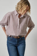 Lilla P dolman sleeve cotton poplin button down shirt in chestnut stripe