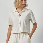 Women's cotton button down tee by Lilla P in ecru with elbow sleeves and relaxed fit