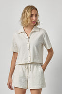 Women's cotton button down tee by Lilla P in ecru with elbow sleeves and relaxed fit