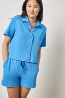 Women's cotton button front tee by Lilla P in regatta blue with elbow sleeves