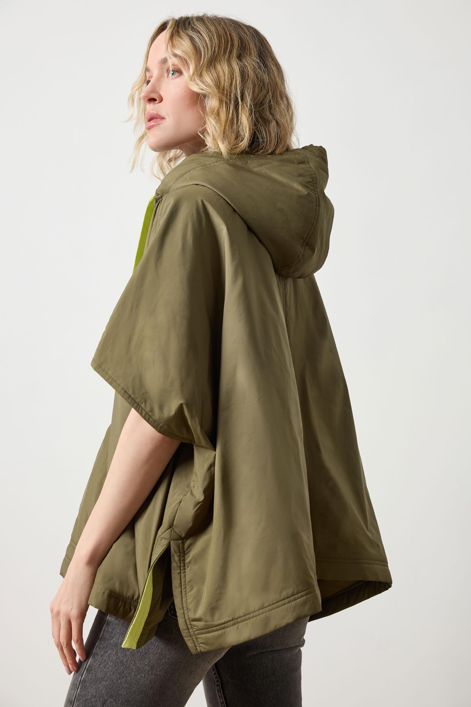 Close-up of knit texture on Lilla P Hooded Poncho in evergreen, women’s hooded layering piece