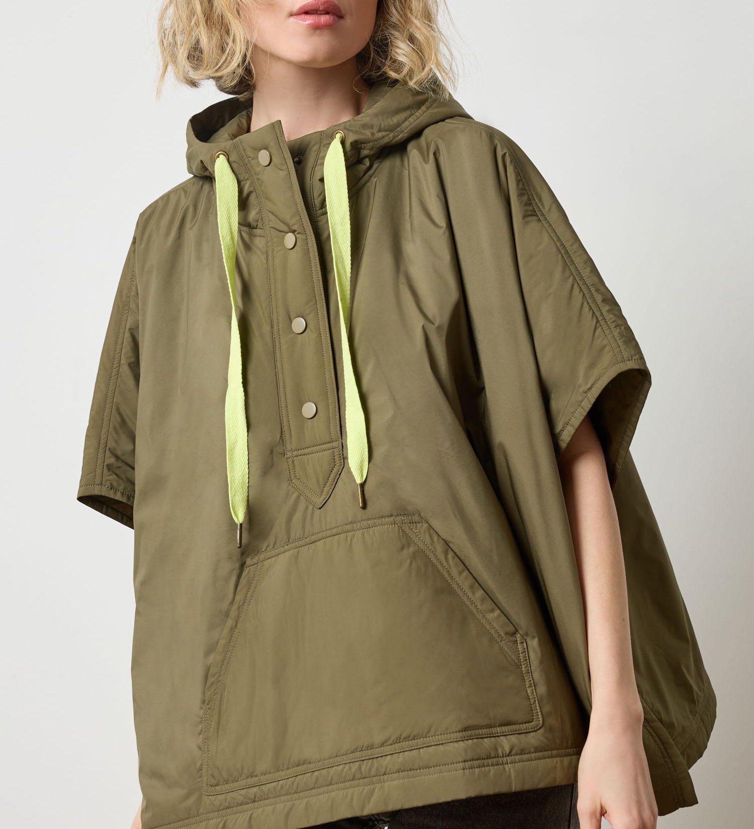 Lilla P Hooded Poncho in evergreen, women’s knit layering poncho with hood front view