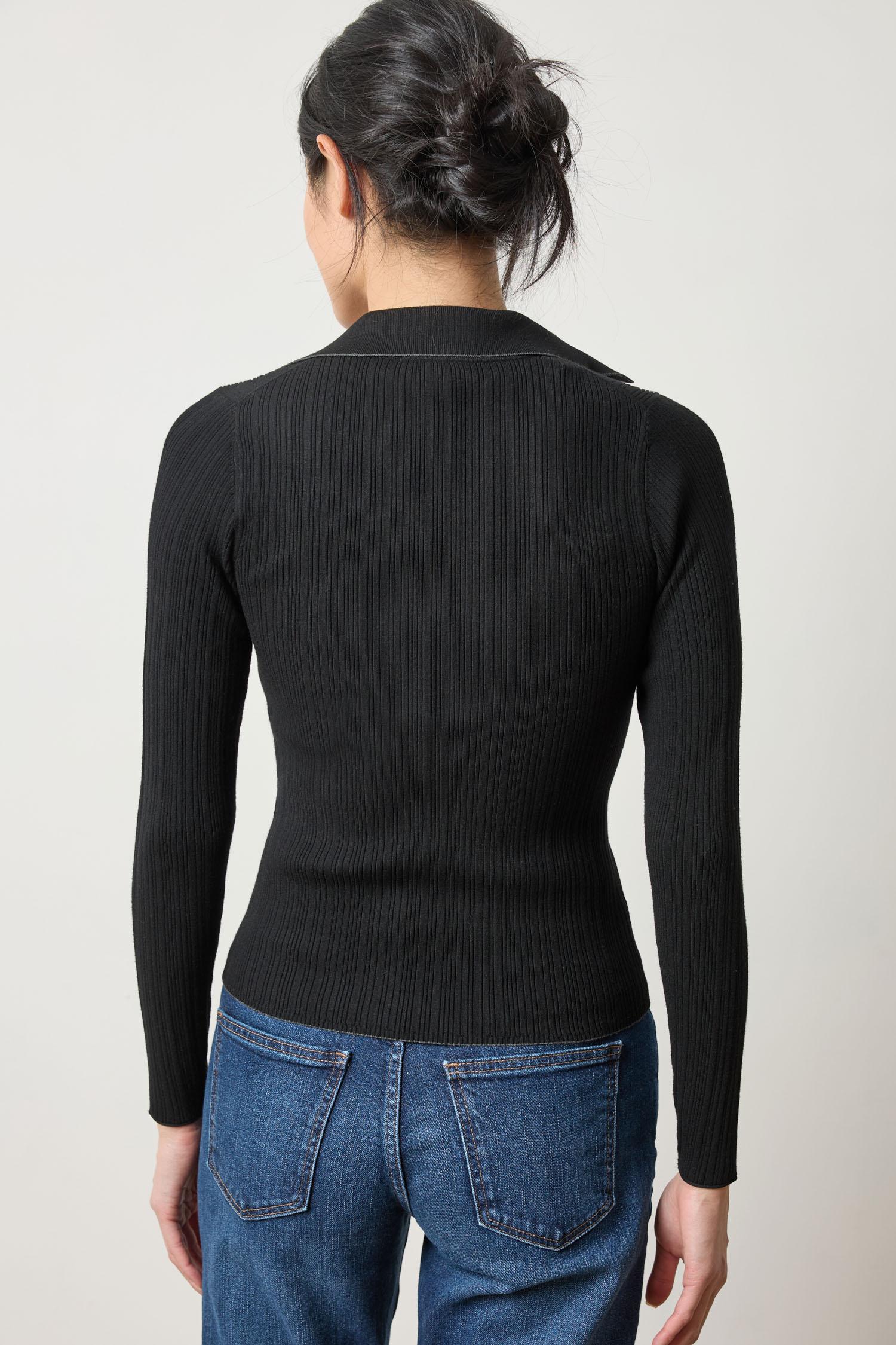 Back view of Lilla P Long Sleeve Rib Henley Sweater, women’s fine gauge knit sweater for fall wardrobes and layering essentials