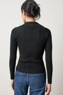 Back view of Lilla P Long Sleeve Rib Henley Sweater, women’s fine gauge knit sweater for fall wardrobes and layering essentials