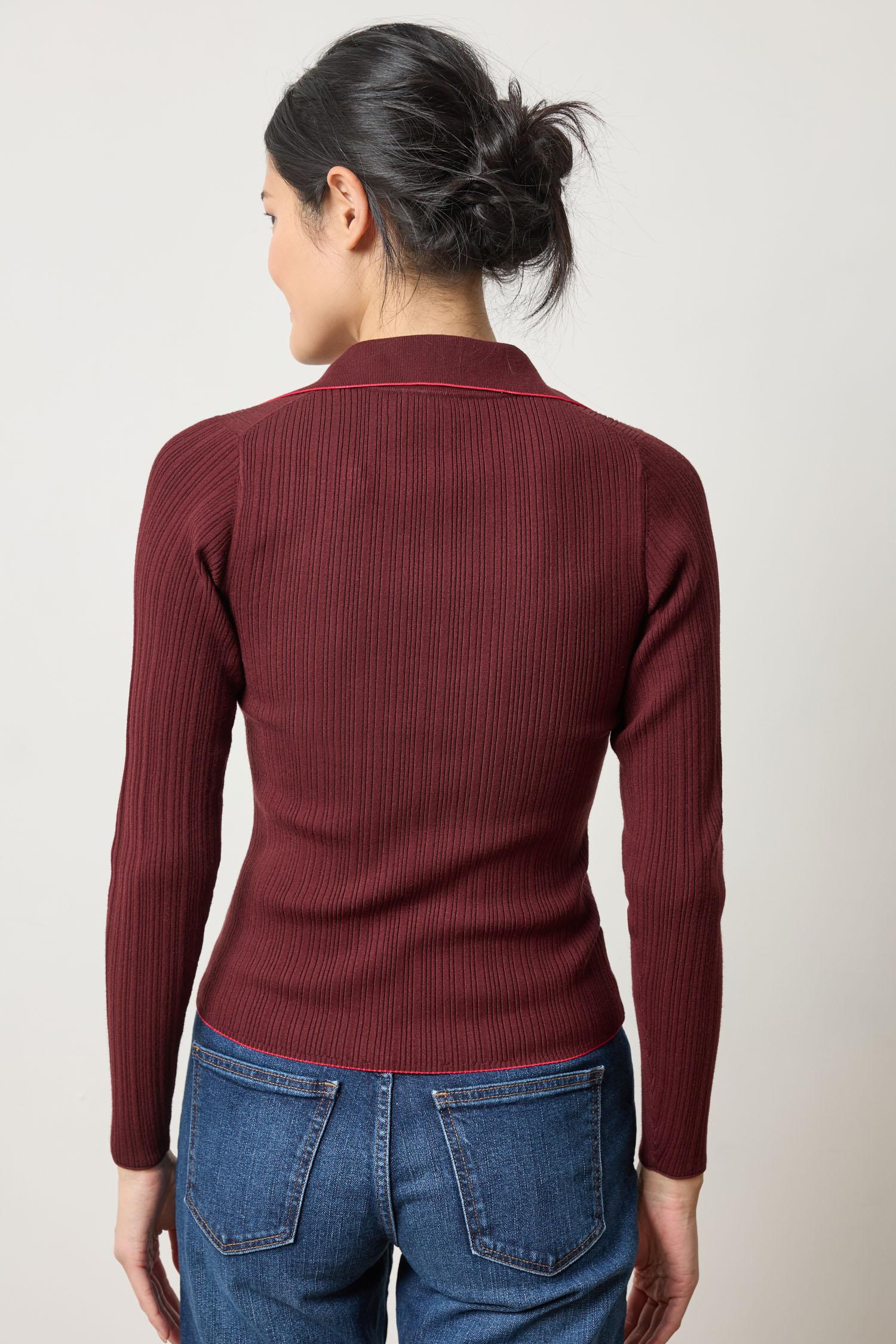 Back view of Lilla P Long Sleeve Rib Henley Sweater, women’s fine gauge knit sweater for fall wardrobes and layering essentials
