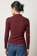 Back view of Lilla P Long Sleeve Rib Henley Sweater, women’s fine gauge knit sweater for fall wardrobes and layering essentials