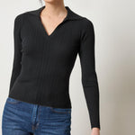 Lilla P Long Sleeve Rib Henley Sweater in fine gauge stretch knit, women’s fitted fall layering piece with contrast piping, front view