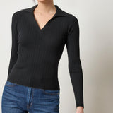 Lilla P Long Sleeve Rib Henley Sweater in fine gauge stretch knit, women’s fitted fall layering piece with contrast piping, front view