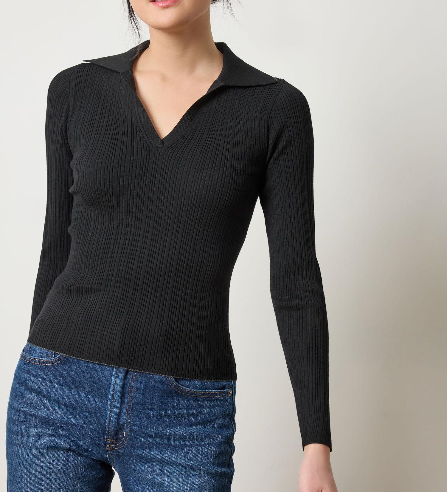 Lilla P Long Sleeve Rib Henley Sweater in fine gauge stretch knit, women’s fitted fall layering piece with contrast piping, front view