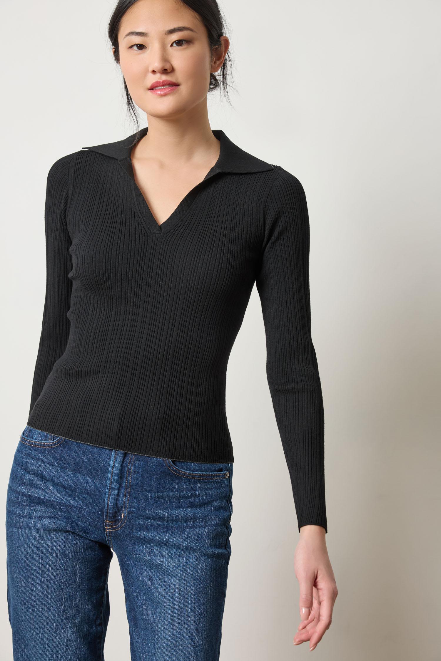 Lilla P Long Sleeve Rib Henley Sweater in fine gauge stretch knit, women’s fitted fall layering piece with contrast piping, front view