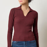 Lilla P Long Sleeve Rib Henley Sweater in fine gauge stretch knit, women’s fitted fall layering piece with contrast piping, front view, dark cherry