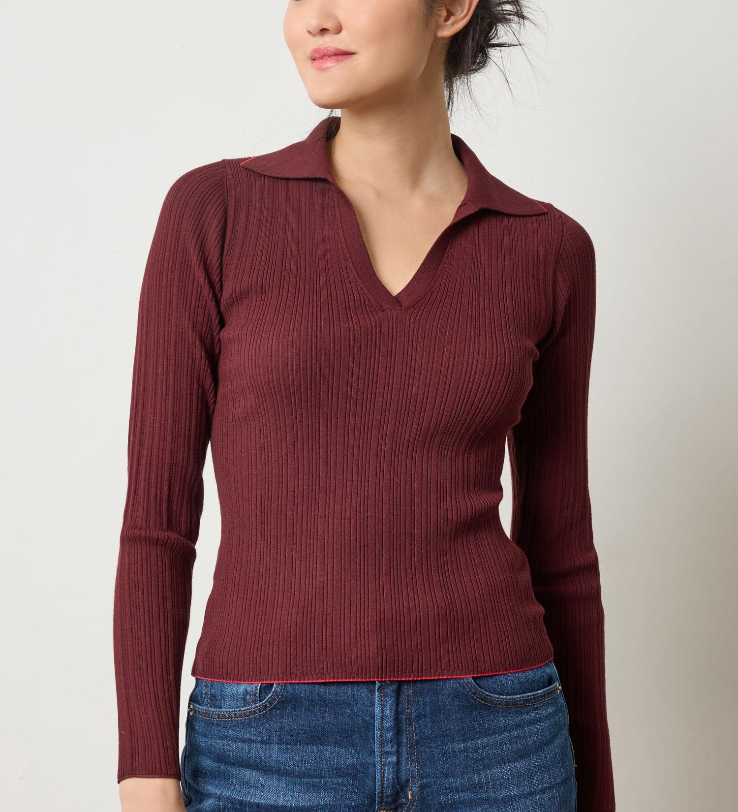 Lilla P Long Sleeve Rib Henley Sweater in fine gauge stretch knit, women’s fitted fall layering piece with contrast piping, front view, dark cherry
