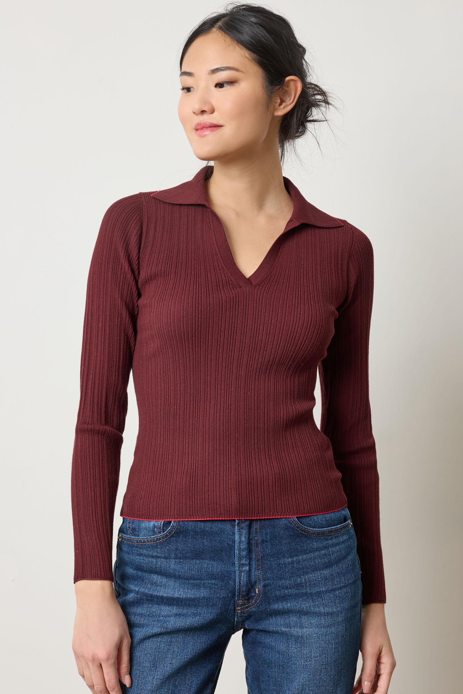 Lilla P Long Sleeve Rib Henley Sweater in fine gauge stretch knit, women’s fitted fall layering piece with contrast piping, front view, dark cherry