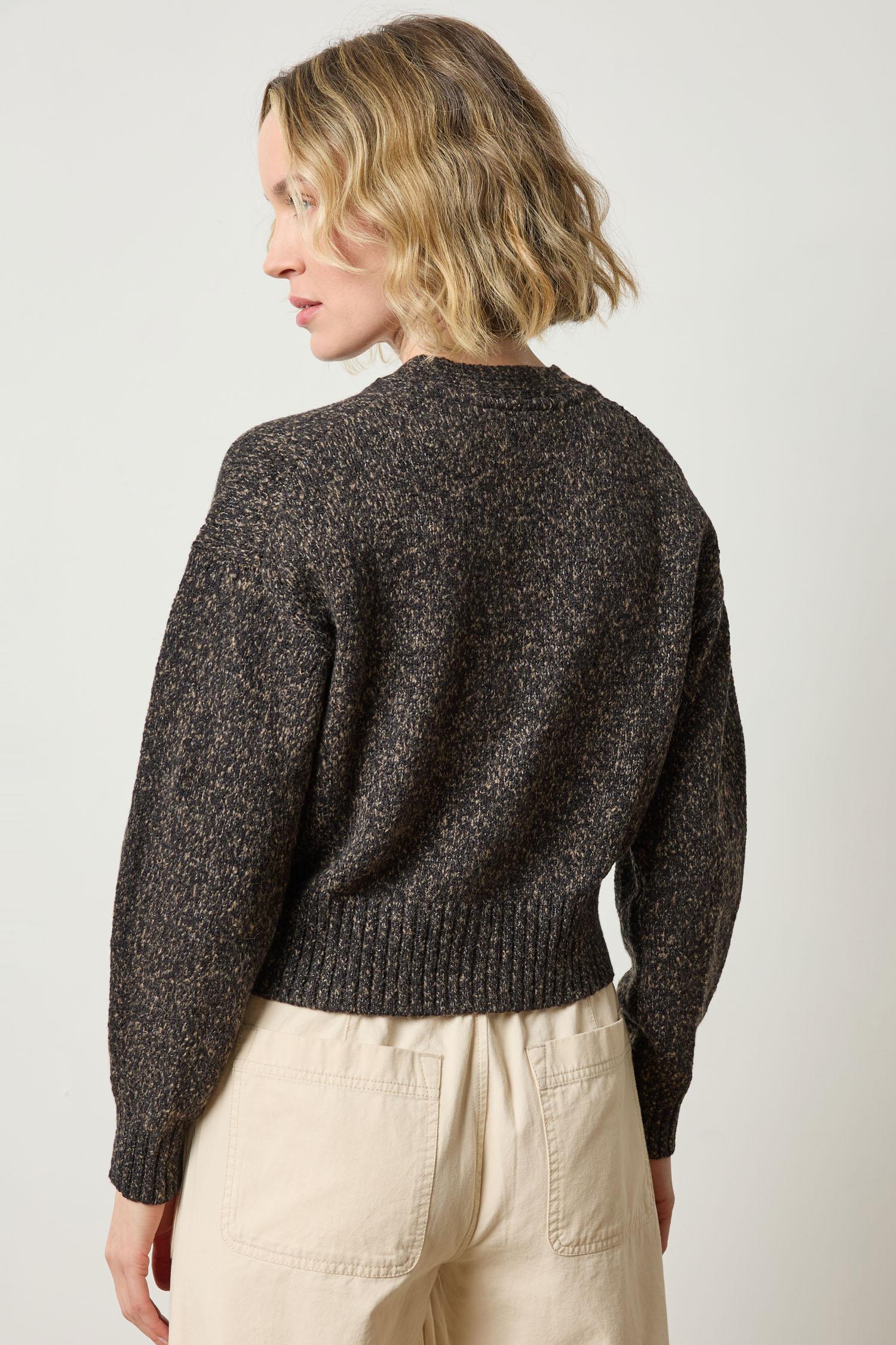 Back view of Lilla P Marled V-Neck Cardigan in Flecked Cotton – chunky knit women’s cardigan sweater