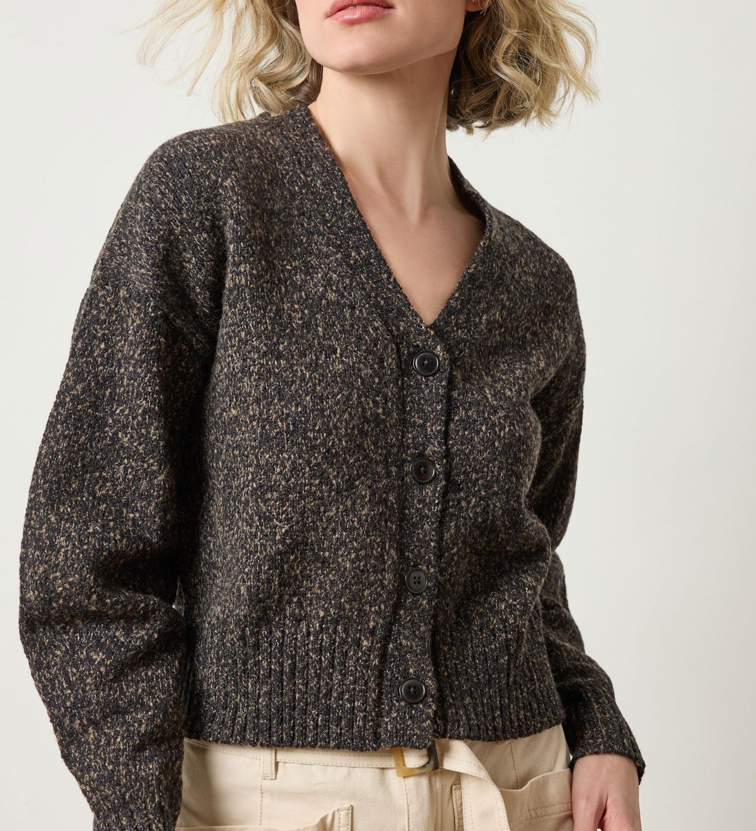 Lilla P Marled V-Neck Cardigan in Flecked Cotton – chunky marled women’s sweater with relaxed shoulders