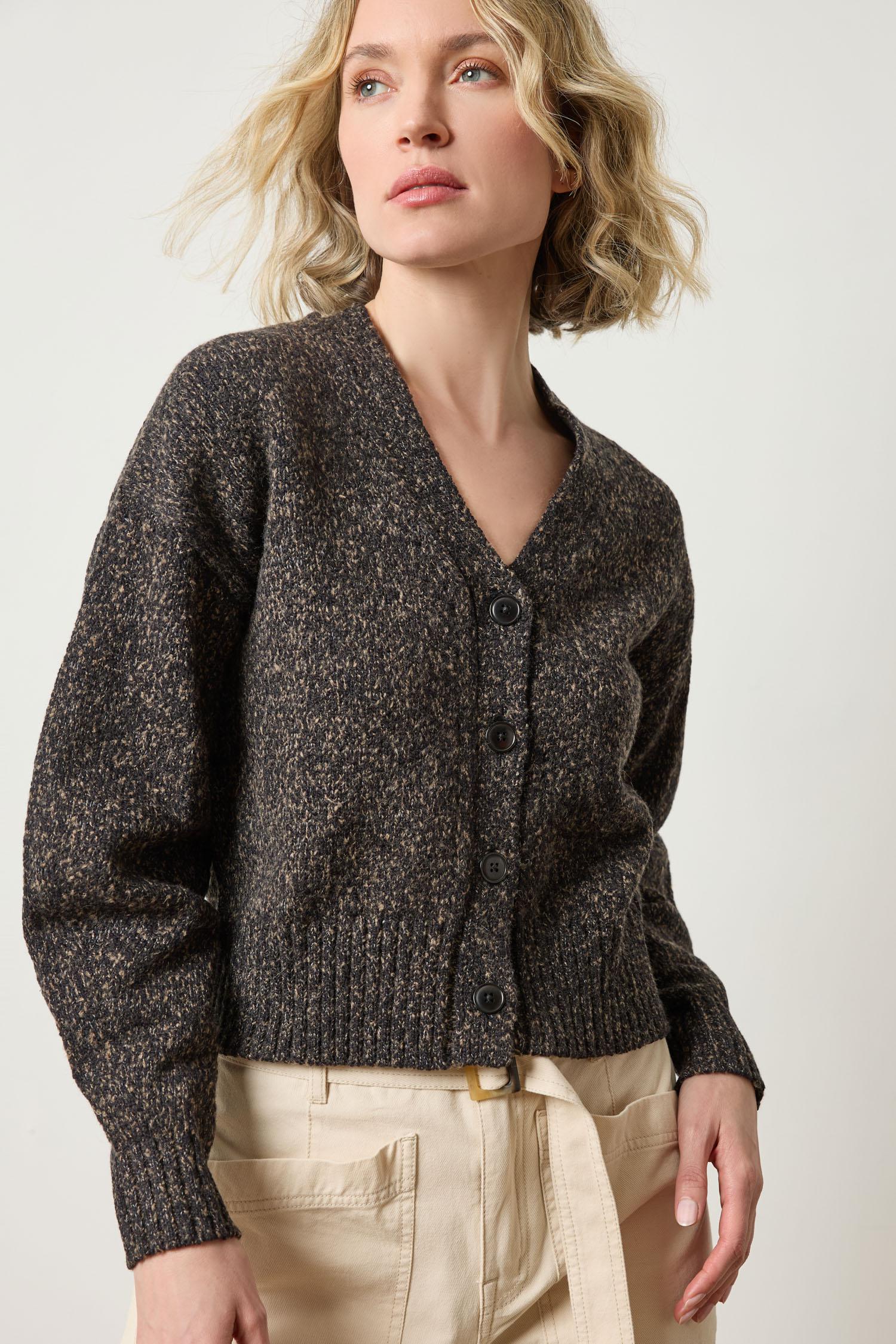 Lilla P Marled V-Neck Cardigan in Flecked Cotton – chunky marled women’s sweater with relaxed shoulders