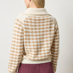 Back view of Lilla P Mixed Stitch Half Zip sweater in neutral colorway, lightweight alpaca blend with diamond stitch texture