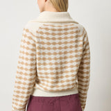 Back view of Lilla P Mixed Stitch Half Zip sweater in neutral colorway, lightweight alpaca blend with diamond stitch texture