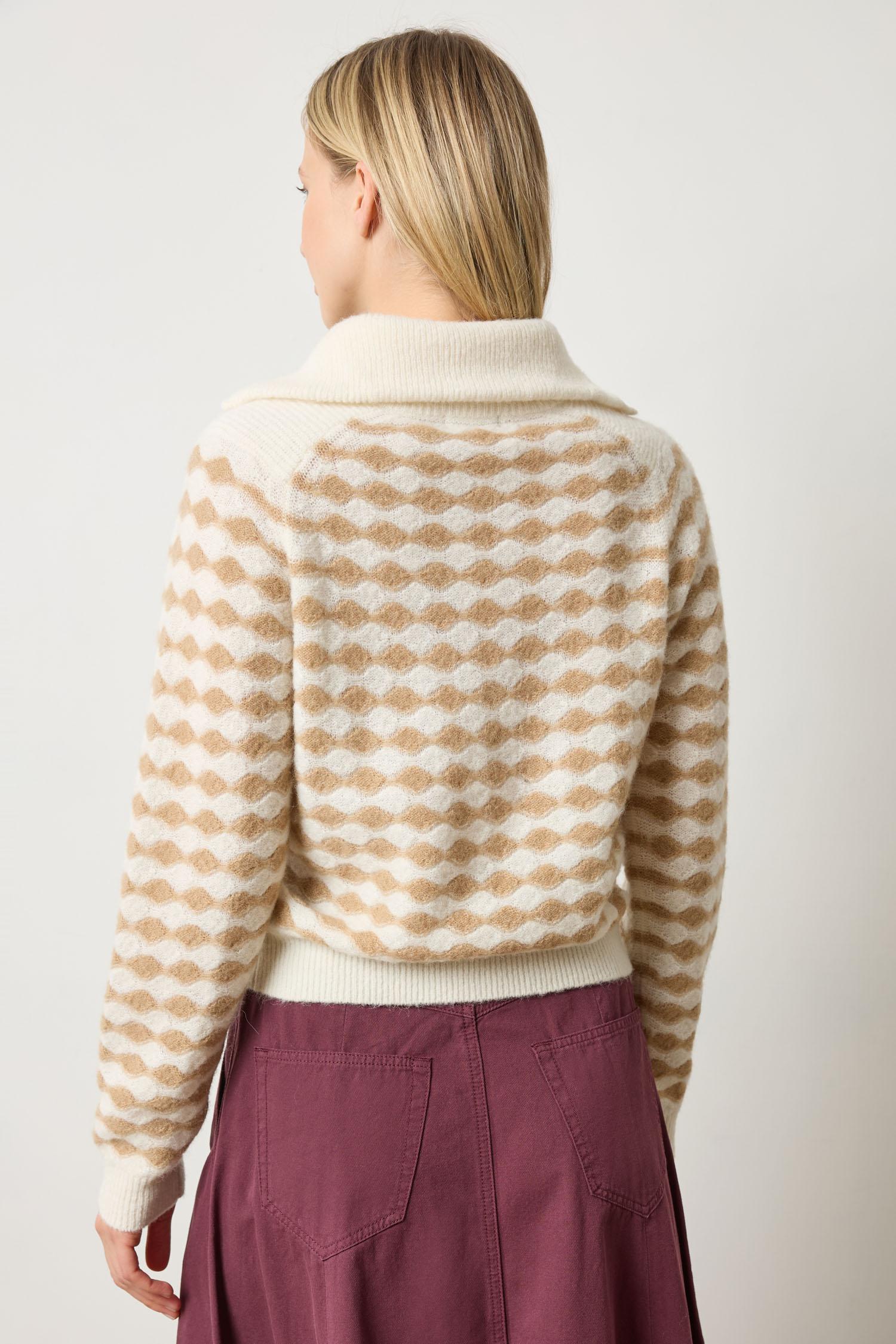 Back view of Lilla P Mixed Stitch Half Zip sweater in neutral colorway, lightweight alpaca blend with diamond stitch texture