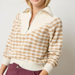 Lilla P Mixed Stitch Half Zip sweater in Airspun Alpaca Blend, neutral colorway with diamond stitch design, front view