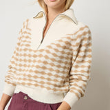 Lilla P Mixed Stitch Half Zip sweater in Airspun Alpaca Blend, neutral colorway with diamond stitch design, front view