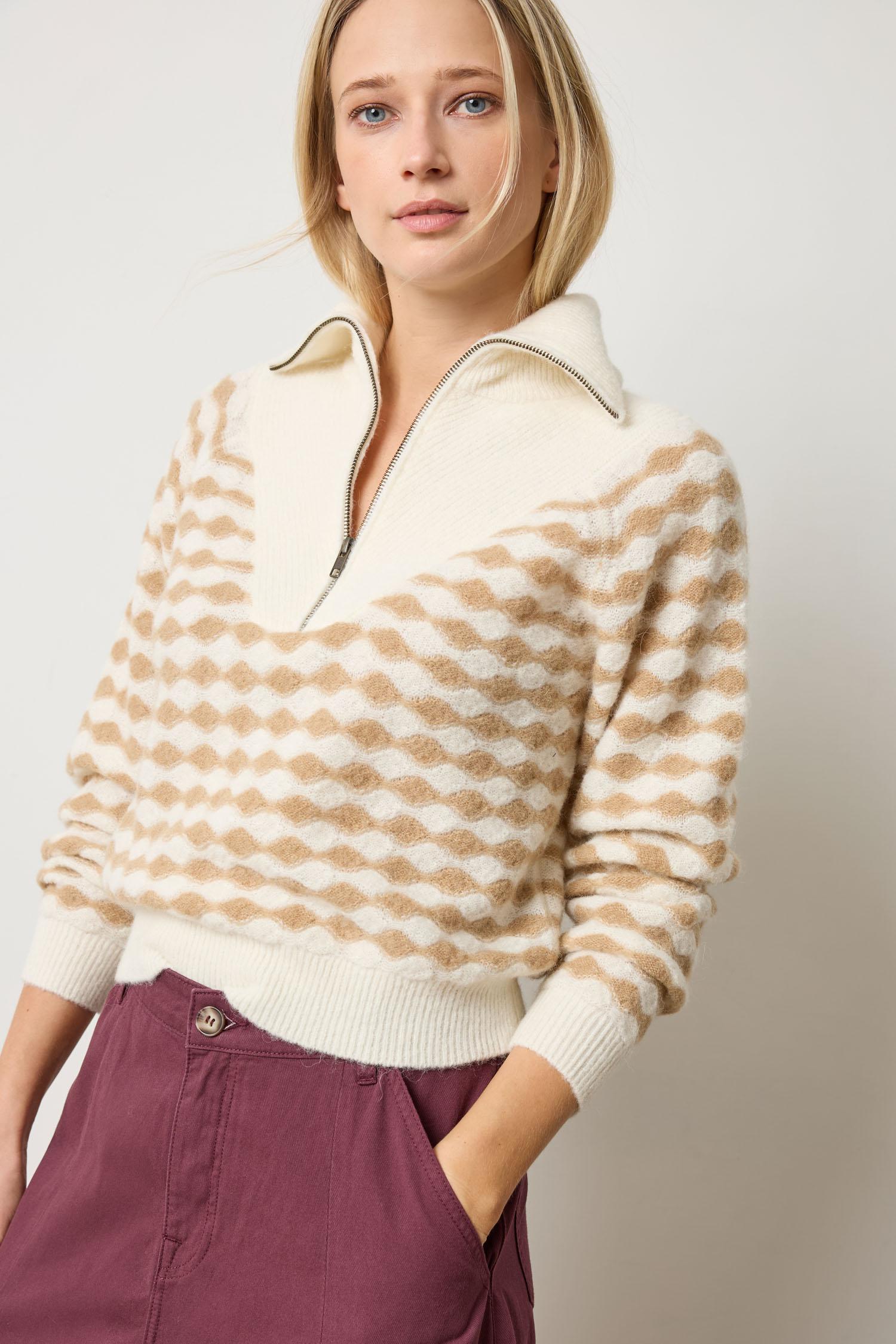 Lilla P Mixed Stitch Half Zip sweater in Airspun Alpaca Blend, neutral colorway with diamond stitch design, front view