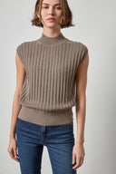 Lilla P sleeveless mock neck wedge sweater in mink cotton cashmere rib knit