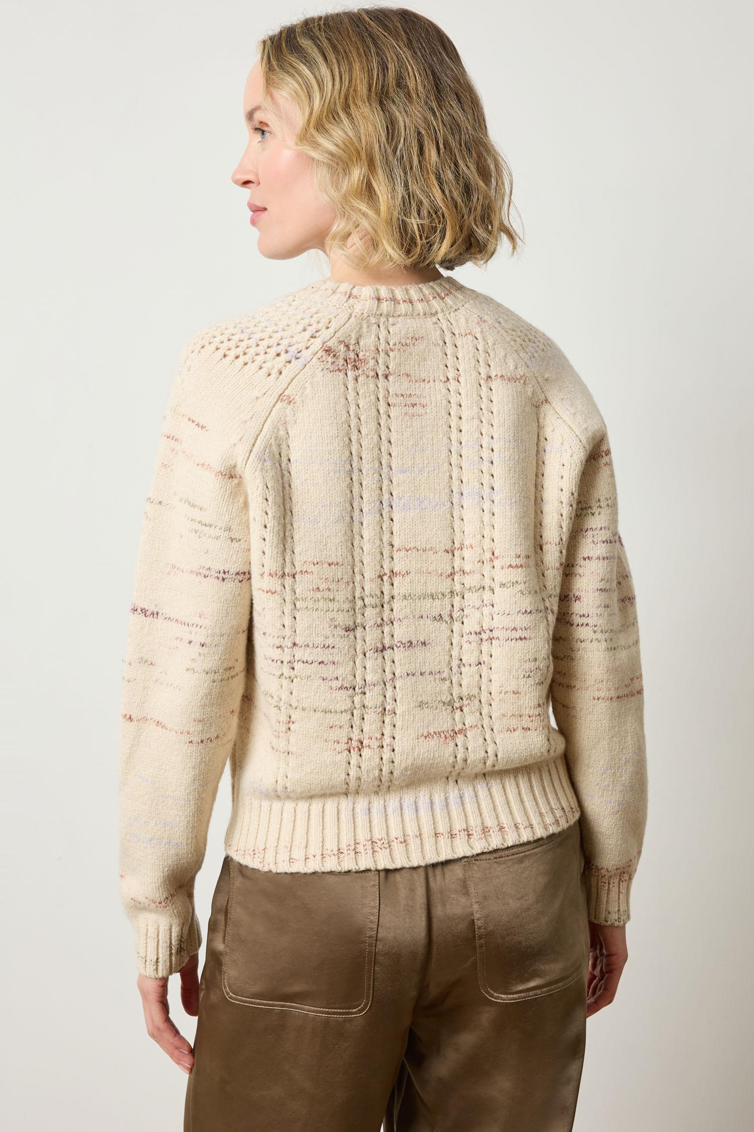 Back view of Lilla P Open Stitch Crewneck Sweater in space-dyed yarn with relaxed blouson hem and chunky neckline