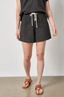 Women's black cotton shorts by Lilla P with drawstring waist and pintuck pocket detail